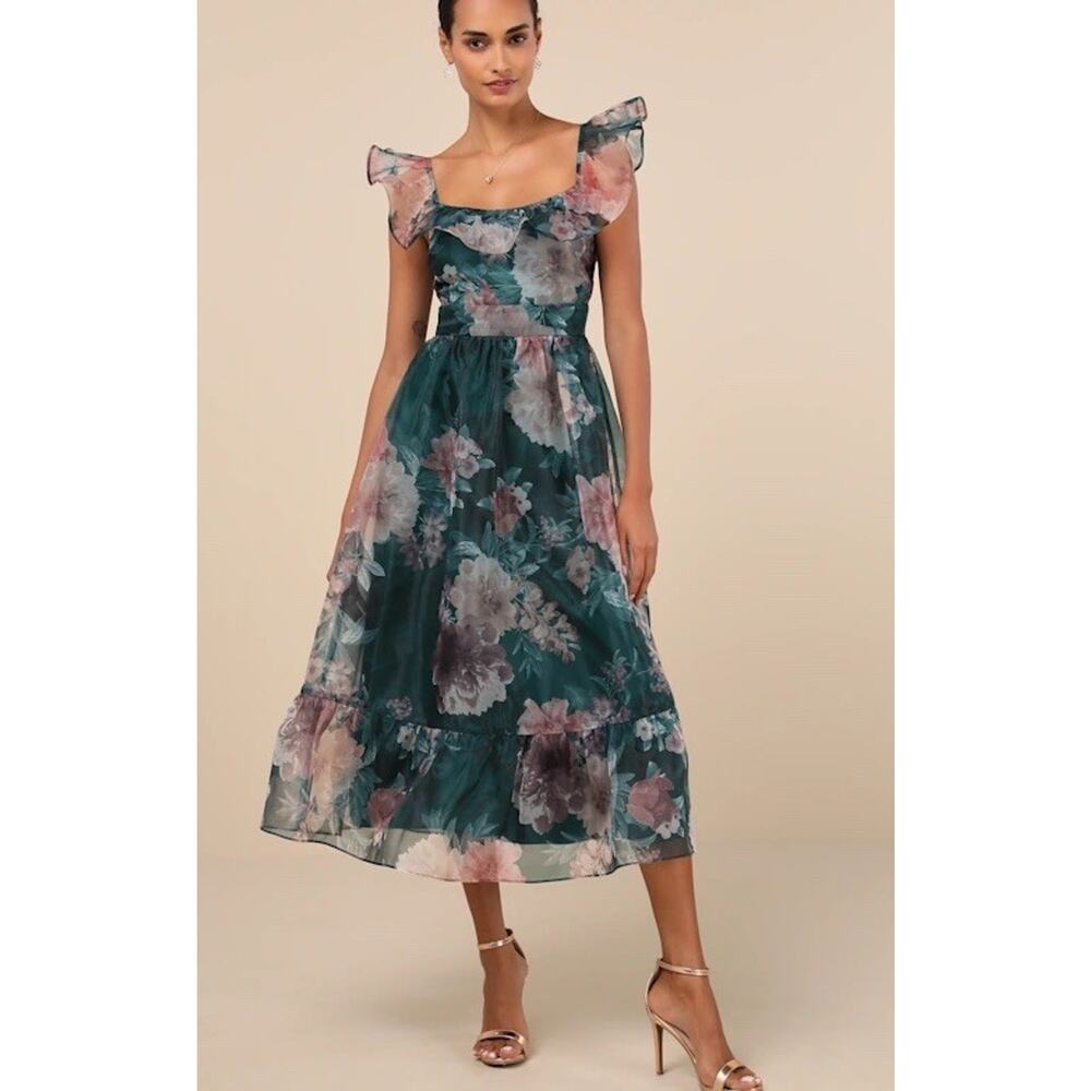 Lulus Sweet Composure Green Floral Organza Midi Dress Women XXS Fairy Cottage